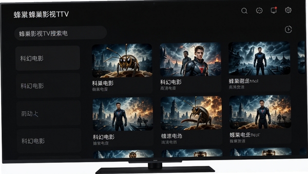 蜂巢影视TV搜索功能演示图,画面展示手机或电视端输入“科幻电影”关键词后,界面快速列出多个高清资源结果的场景,背景为蜂巢影视TV简洁的深色界面,搜索结果缩略图清晰可见,强调搜索速度与聚合能力