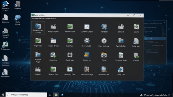 Windows Sysinternals Suite 工具集整体界面预览图,画面中央展示一个集成多种系统诊断工具的功能面板,背景为深蓝色科技感桌面,突出软件的专业性和全面性