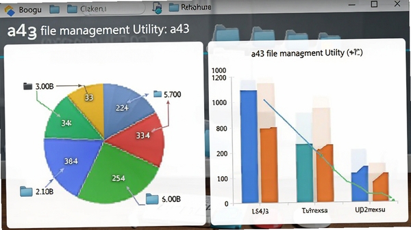 Boogu模型生成，展示a43 file management utility的文件夹大小分析功能界面，一个饼状图与柱状图并列，清晰展示不同文件夹所占用的磁盘空间比例，背景为磁盘清理场景，数据可视化风格，色彩鲜明，直观易懂。