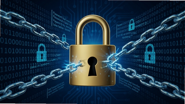 Password Safe加密保护功能示意图，画面中央是一个被锁定的金色锁头，周围环绕着复杂的二进制代码和加密链条，背景为深蓝色科技感风格，强调软件强大的数据加密能力