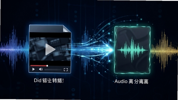 视频格式转换器音频抽取功能示意图，显示视频文件与音频文件分离的动态效果，背景带有音乐波形图，画面科技感十足