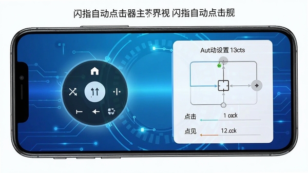 闪指自动点击器主界面预览图，手机屏幕显示悬浮控制按钮和点击坐标设置面板，背景为渐变蓝色科技感风格，画面清晰明亮，突出自动点击功能