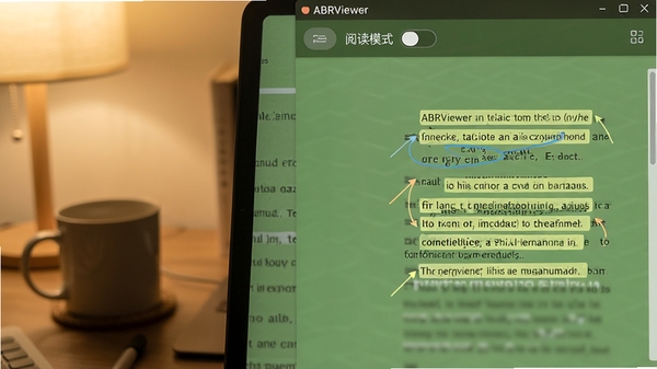 ABRViewer软件个性化阅读模式界面，展示其护眼绿色背景下的单页阅读效果，界面顶部有阅读模式切换按钮，画面右侧有高亮注释的文本片段，整体氛围安静舒适，体现软件对用户体验的细致关怀，风格温馨柔和