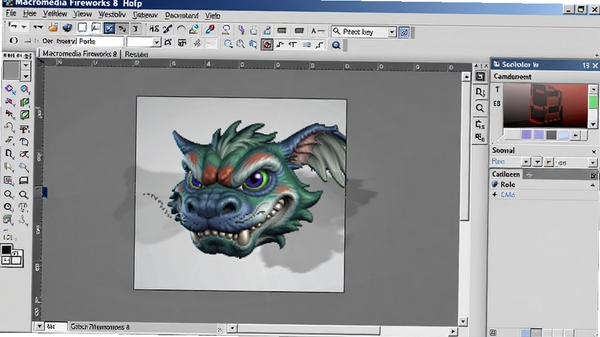 Macromedia Fireworks 8 工作区截图，显示完整界面布局，包括菜单栏、工具栏、画布和右侧面板，整体风格清晰专业