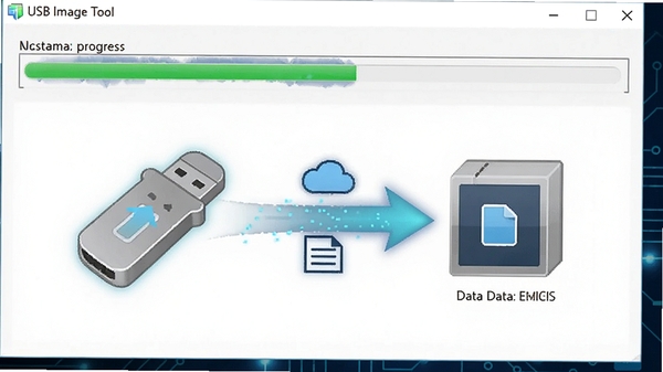 USB Image Tool备份过程示意图，软件界面中显示进度条，U盘图标旁边有数据流向镜像文件的动画效果，背景为深蓝色科技感桌面