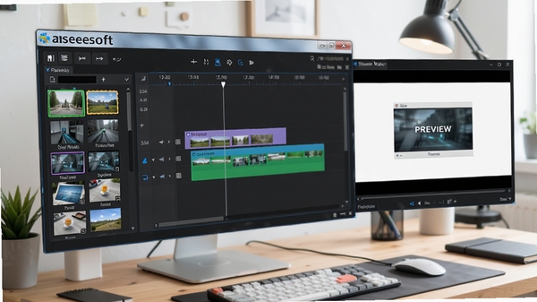 Aiseesoft Slideshow Maker软件主界面,展示了时间线编辑区域、素材库和预览窗口,画面明亮清晰,软件名称显示在界面标题栏,背景为工作台环境,整体风格专业且现代化
