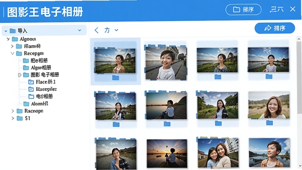 图影王电子相册的智能照片管理界面,左侧为文件夹树状列表,右侧为照片缩略图网格,顶部有导入和排序按钮,界面以蓝白配色为主,突出软件名称图影王电子相册,风格清晰明亮