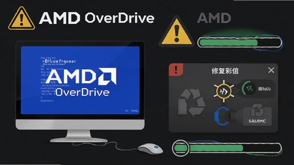 超频工具 AMD OverDrive 故障排除示意图，显示电脑蓝屏画面与修复工具，背景为暗色系，带有警示图标和修复进度条，风格简洁直观。