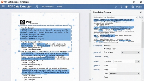 A-PDF Data Extractor文本提取功能演示，高亮显示PDF页面中被选中的文字区域，右侧显示提取后的纯文本预览，界面展示提取设置选项，包括页面范围选择、输出格式设定，画面专业，蓝色高亮标注提取内容，背景为浅色文档界面，突出文字识别精准特性