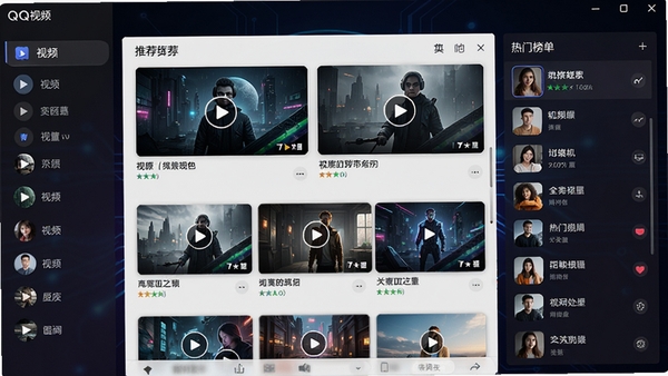 QQ视频桌面版主界面预览图,展示软件整体布局,左侧为视频分类导航栏,中央为推荐视频封面墙,右侧为热门榜单,背景为深色科技感渐变,整体风格现代简洁,高清渲染