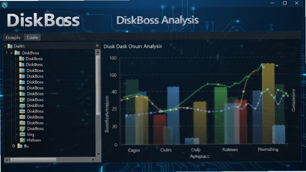 DiskBoss 主界面俯瞰图，左侧为目录树，右侧为磁盘占用分析图表，背景为深蓝色科技感，整体风格简洁明亮，突出软件名称DiskBoss。
