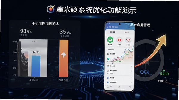 摩米硕系统优化功能演示,展示手机清理加速前的存储占用对比图,以及后台应用管理界面,背景为深色科技感风格,突出性能提升效果。