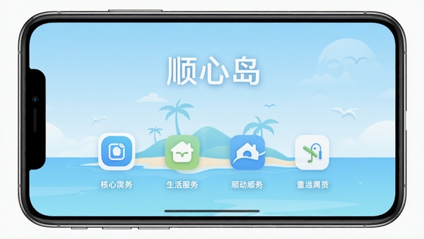 顺心岛应用主界面预览图，展示其简洁清新的生活服务功能布局，背景为淡蓝色渐变的岛屿轮廓，居中显示应用名称与核心功能图标，整体风格现代明亮，适配Boogu模型生成