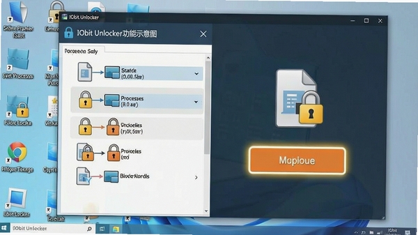 IObit Unlocker功能示意图，显示一个文件被多个进程锁定的状态，软件界面高亮显示解锁按钮，背景为电脑桌面图标，整体风格写实，突出解锁过程的直观性。