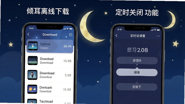 倾耳离线下载和定时关闭功能示意图，手机界面展示下载列表和定时设置界面，背景有月亮和星星元素，体现夜间使用场景，画面简洁清晰