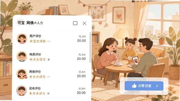 可宝网社区互动界面截图,展示用户评价列表和点赞回复按钮,背景为温馨的社区场景插画,色调柔和