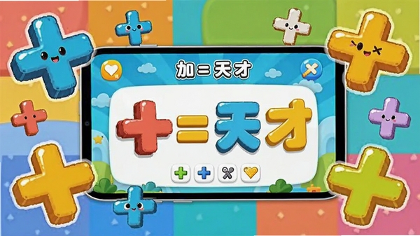 画面主体为卡通风格的数字与加号元素,背景为明亮色块拼接的儿童学习场景,中央位置展示加法天才应用界面预览,整体色调明快,细节丰富,适合儿童教育类配图