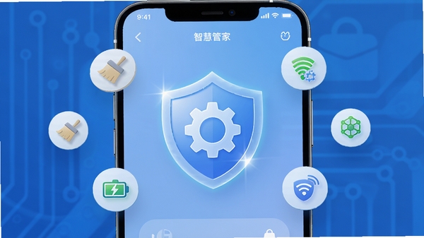高清数字渲染图，展示设备智慧管家APP在智能手机上运行的主界面，界面风格现代简约，背景为渐变的科技蓝，主视觉中央是一个闪亮的盾牌与齿轮组合图标，周围漂浮着代表清理、优化、电池、网络的功能小图标，画面充满科技感与秩序感，突出软件的一站式管理功能。