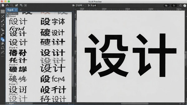 fcp4字体编辑软件的字体预览功能界面,左侧为字体列表,右侧显示大字体的“设计”字样,背景为浅灰色,字体以不同风格展示,画面清晰,细节丰富