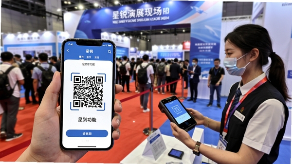 星锐演展现场签到功能，手机扫描二维码界面，背景为展会入口人流场景，工作人员手持设备，现场感强，细节丰富