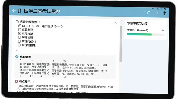 医学三基考试宝典的章节练习界面，屏幕中展示一道关于病理生理的多选题，下方有详细的答案解析和考点提示，右侧显示本章节练习进度条，整体界面简洁清爽，便于专注学习