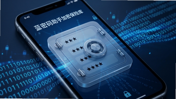 蓝密码助手加密保险库功能展示，手机屏幕内显示一个半透明的保险库界面，密码条目以星号遮盖，背景有流动的二进制数字与蓝色光效，突出安全守护氛围，画面质感细腻，无文字水印