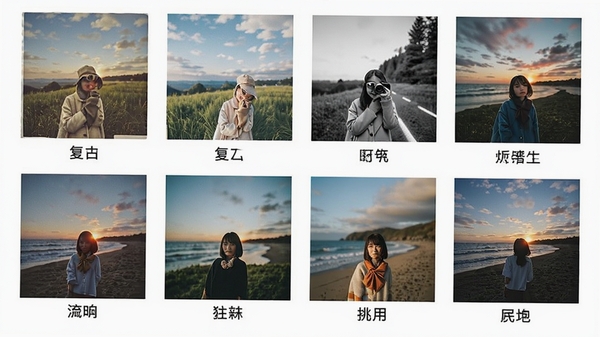 好照片滤镜特效展示，一组不同风格的样张照片排列展示，每张照片下方标注滤镜名称，包括复古、日系、黑白等风格，画面色彩丰富
