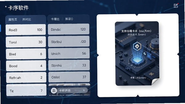 卡序软件卡片详情页展示,右侧为卡片大图,左侧为属性数值列表,背景为深蓝色商务风格,突出专业感,支持并排对比功能,界面清晰易读