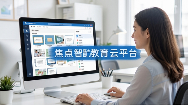焦点智慧教育云平台教学管理功能展示，教师正在电脑前使用软件进行备课，界面显示课件资源库与班级列表，背景为整洁的办公室，软件名称出现在屏幕中央，画面明亮清晰