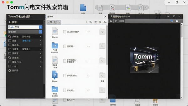 Tomm闪电文件搜索筛选与预览功能展示，左侧为搜索条件面板，右侧为文件列表与预览窗口，背景为浅灰色工作台风格，突出软件名称Tomm闪电文件搜索
