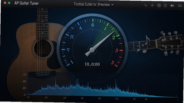 AP Guitar Tuner主界面预览图，一款运行在电脑上的专业吉他调音软件，界面简洁现代，中央显示大型音准指针和频谱图，背景有木吉他轮廓，整体色调以深色和蓝色为主，光线柔和，科技感与音乐感融合，细节丰富，高分辨率。