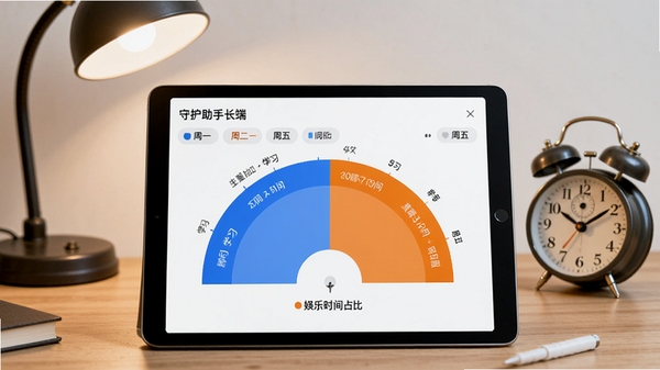 守护助手家长端时间管理功能展示图，画面主体为平板电脑显示扇形统计图表，背景为书桌一角摆放台灯与闹钟，图表用蓝橙双色区分学习与娱乐时间占比，界面清晰展示周一至周五的时段色块，风格简洁专业