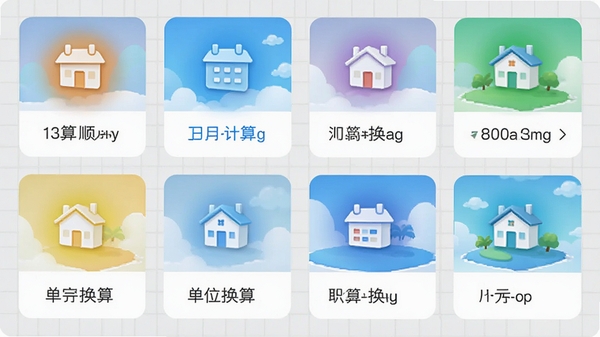 顺心岛应用内工具集界面，展示日期计算与单位换算功能卡片，背景为浅灰色网格，每个工具图标色彩鲜明，整体布局整齐，突出便捷性，画面干净，适合软件功能展示