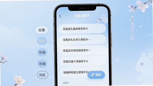 玉兔送礼软件中的祝福语生成页面,画面展示一个手机屏幕,上面显示多条祝福语文本,旁边有分类标签和编辑按钮,背景是柔和的蓝色渐变,整体风格文艺清新,突出文字编辑功能
