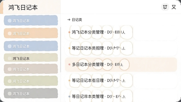 鸿飞日记本多日记本分类管理界面示意图，左侧显示多个日记本名称，右侧展示不同分类的日记条目，界面干净整洁，突出软件名称鸿飞日记本，色彩柔和，适合功能展示