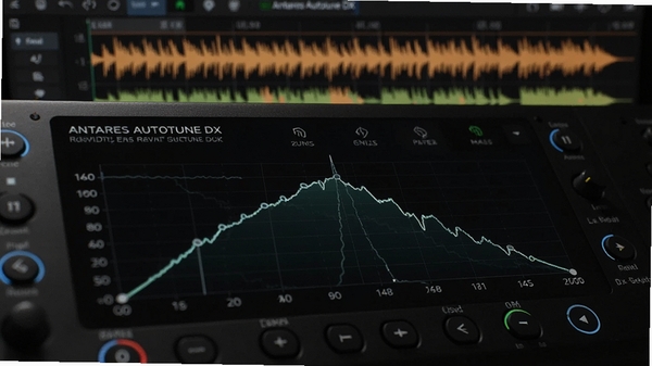 Antares Autotune DX实时音高修正功能特写，画面聚焦于软件的图形化音高调整曲线，背景为音频波形图，色调以深色为主，凸显专业音频工作站氛围