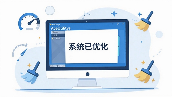 基于AceUtilities软件使用场景绘制一张平面风格插图，画面中一台电脑显示器上展示着AceUtilities的优化完成界面，显示“系统已优化”字样，周围环绕着代表速度与清洁的图标元素，整体色调以蓝白为主，风格简洁明快。