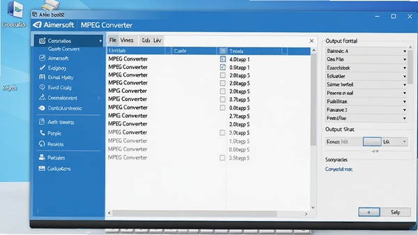 一张展示Aimersoft MPEG Converter主界面的高清截图，界面布局清晰，左侧为功能菜单，中间为文件列表，右侧为输出格式选择区域，整体色调为蓝白相间，背景为简约电脑桌面环境，突出软件专业性与易用性