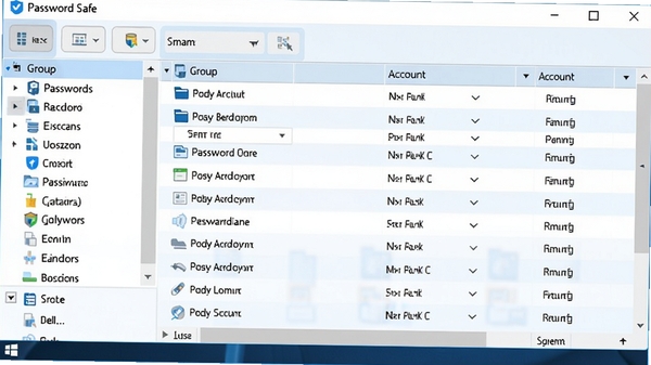 Password Safe主界面预览图，一款运行在Windows电脑上的密码管理软件，界面清晰展示左侧的密码分组列表和右侧的账户条目表格，整体风格简洁专业，背景为干净的浅蓝色调，突出软件的组织与管理功能
