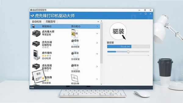 虎先锋打印机驱动大师主界面截图，展示自动检测打印机型号并匹配驱动的过程，背景为简洁的桌面环境，软件界面清晰显示设备列表和驱动安装进度条，画面明亮，色调以蓝色和白色为主，整体风格专业且友好
