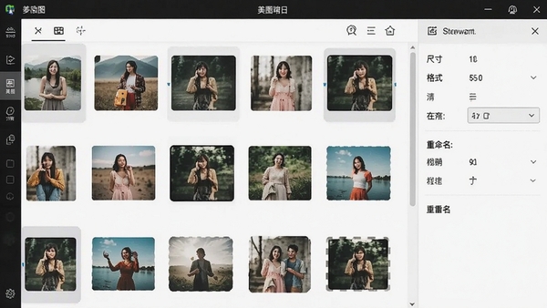 美图多多软件批量处理功能操作截图,画面中显示多张图片排列在队列中,右侧面板有尺寸、格式、重命名等设置选项,界面简洁明亮