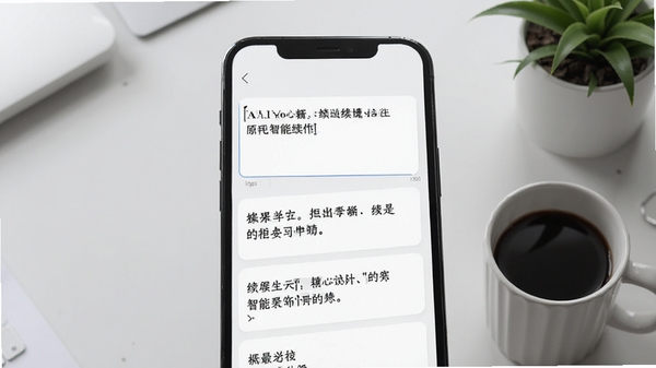 AI全能写作应用界面展示智能续写功能,输入框内有一句开头,下方生成多个续写选项卡片,背景为简约的浅灰色桌面,旁边有咖啡杯和绿植,画面主体为手机界面特写,光线柔和