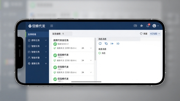 信蜂代发软件主界面预览图，展示简洁的深蓝色操作面板，左侧为功能导航栏，右侧为消息编辑区域，背景为柔和的渐变灰，整体风格现代且专业，突出软件名称“信蜂代发”，画面中模拟手机屏幕显示群发任务列表，强调高效与智能