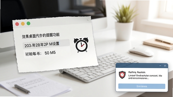 效能桌面便笺的提醒功能界面,一张便笺上显示日期和时间设置选项,旁边有闹钟图标,电脑桌面右下角弹出提醒窗口,背景为整洁的办公桌面,光照明亮,突出提醒的醒目效果
