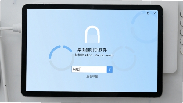 桌面挂机锁软件主界面预览图,展示简洁的锁屏状态,背景为淡蓝色渐变,中央显示挂机提示文字和解锁输入框,界面风格清爽明快,注重功能直观展示