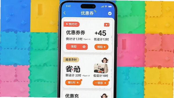 展示购物优惠省钱多APP内优惠券聚合页面，各种品类优惠券卡片整齐排列，带有倒计时和领取按钮，背景为明亮色块拼接，突出优惠力度和商品图片，整体风格活泼，体现省钱乐趣