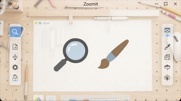 ZoomIt主界面预览图,一款简洁的屏幕工具,界面干净,背景为浅色工作台,中央展示放大镜与画笔图标,周围有半透明的工具栏,整体风格专业而友好