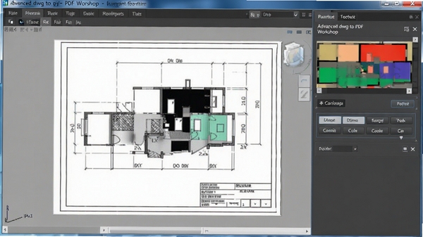 advanced dwg to pdf workshop色彩设置面板,展示黑白与彩色对比效果,背景为图纸预览区域,画面简洁直观