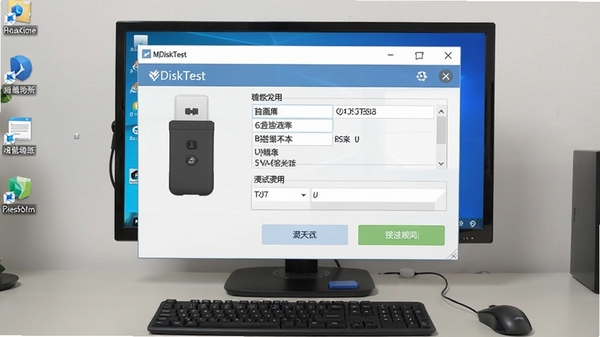 MyDiskTest软件运行在Windows电脑上的完整界面预览,界面清晰展示U盘信息与测试按钮,背景为整洁的电脑桌面,整体风格清爽,突出工具的实用性与便捷性