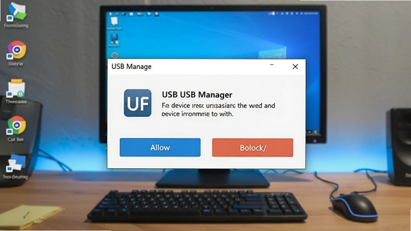 USB Manager弹出提示窗口，显示新设备接入信息，包含允许/阻止按钮，背景为电脑桌面，界面简洁，色彩鲜明